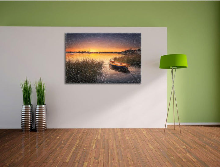 Pixxprint Segelschiffe an der Küste im Sonnenuntergang Kunst Buntstift Effekt, Format: 100x70 auf Le