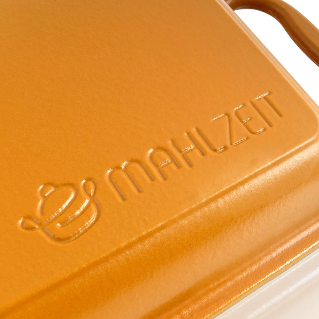 Mahlzeit Gusseisen Bräter mit Deckel emailliert | 4,8 Liter | Sunny Orange | Bräter 2in1 mit Bratpfa