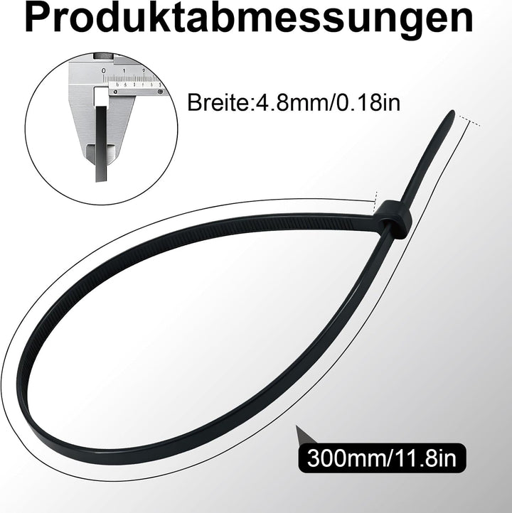 1000 Stück Kabelbinder Schwarz 300 mm x 4,8 mm | UV-beständig &amp; wetterfest | Zugfestigkeit 30 kg | s