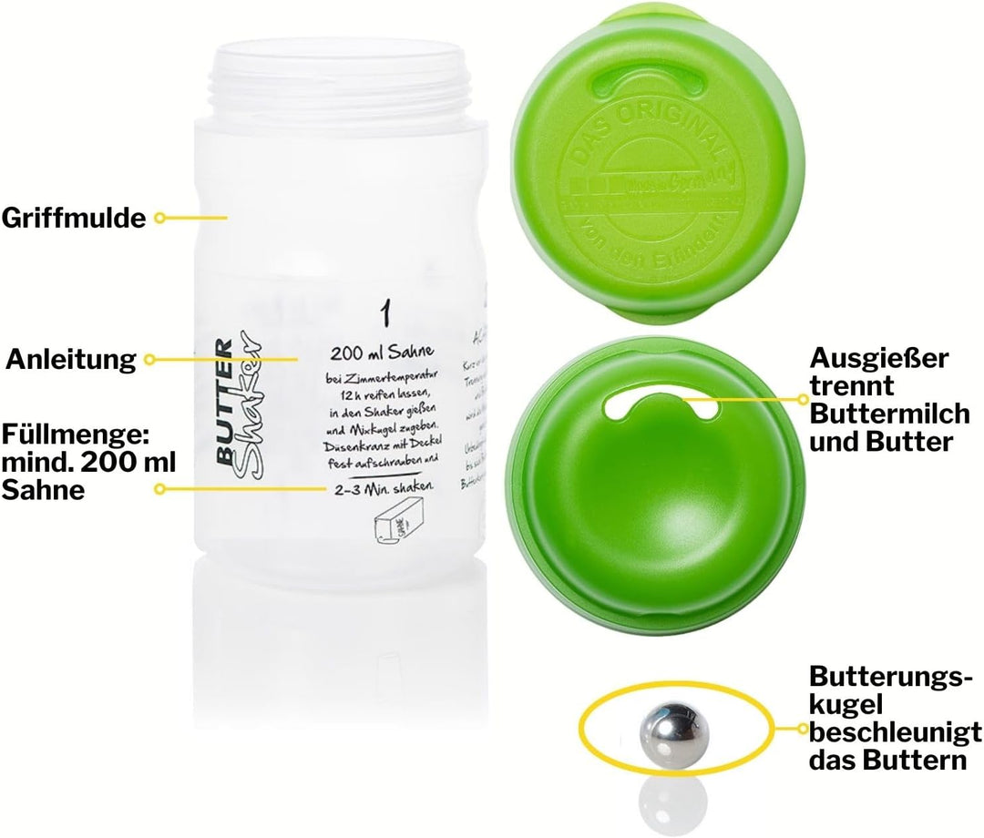 EINSTEIGER-SET für EINFACHES BUTTER MACHEN mit dem patentiertem Butter-Shaker (325ml) in GRUEN + kre