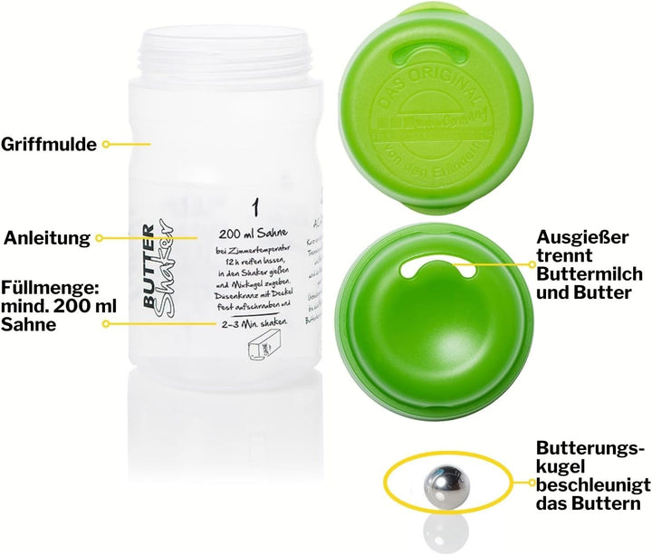 EINSTEIGER-SET für EINFACHES BUTTER MACHEN mit dem patentiertem Butter-Shaker (325ml) in GRUEN + kre