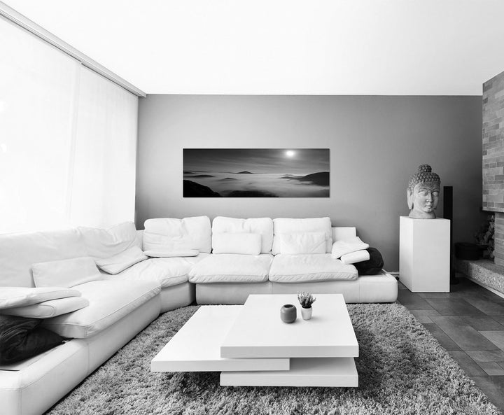 Paul Sinus Art Panoramabild auf Leinwand und Keilrahmen 150x50cm Berge Nebel Nacht Vollmond