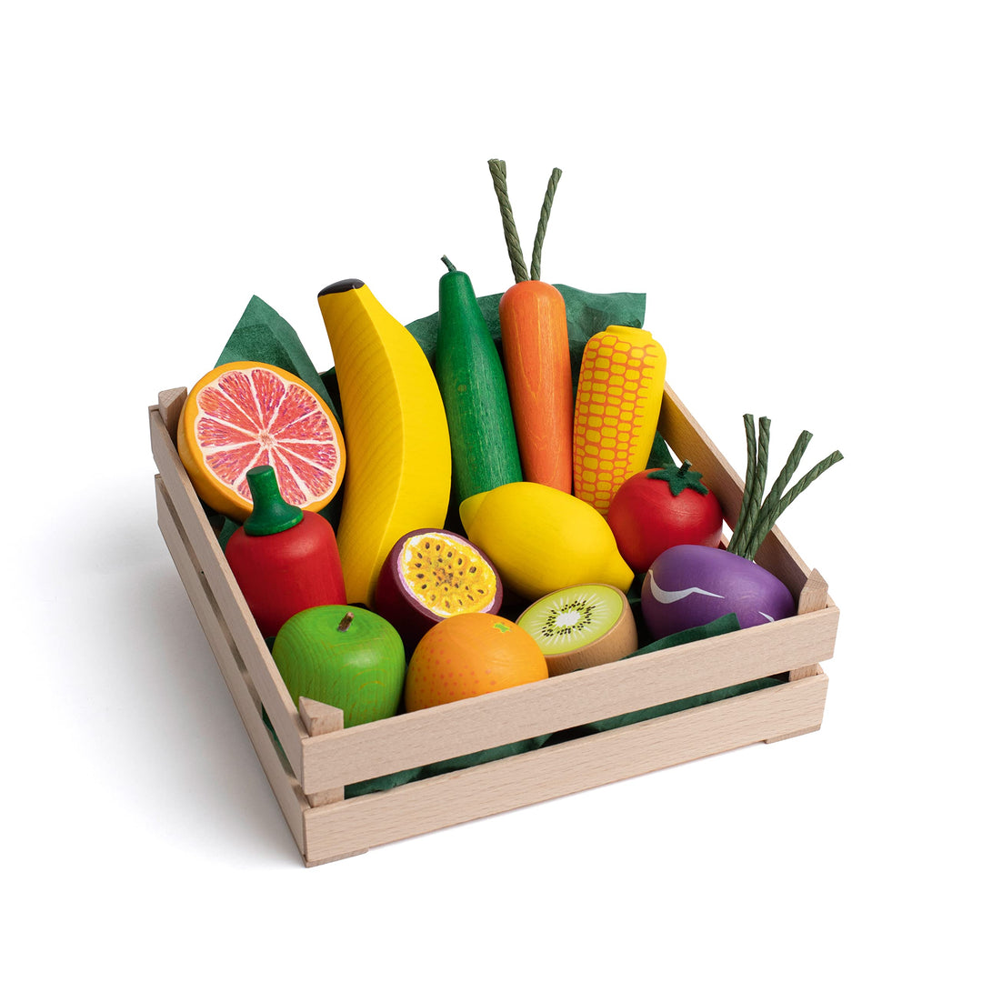 Erzi 28219 Sortiment Obst und Gemüse XL aus Holz, Kaufladenartikel für Kinder, Rollenspiele