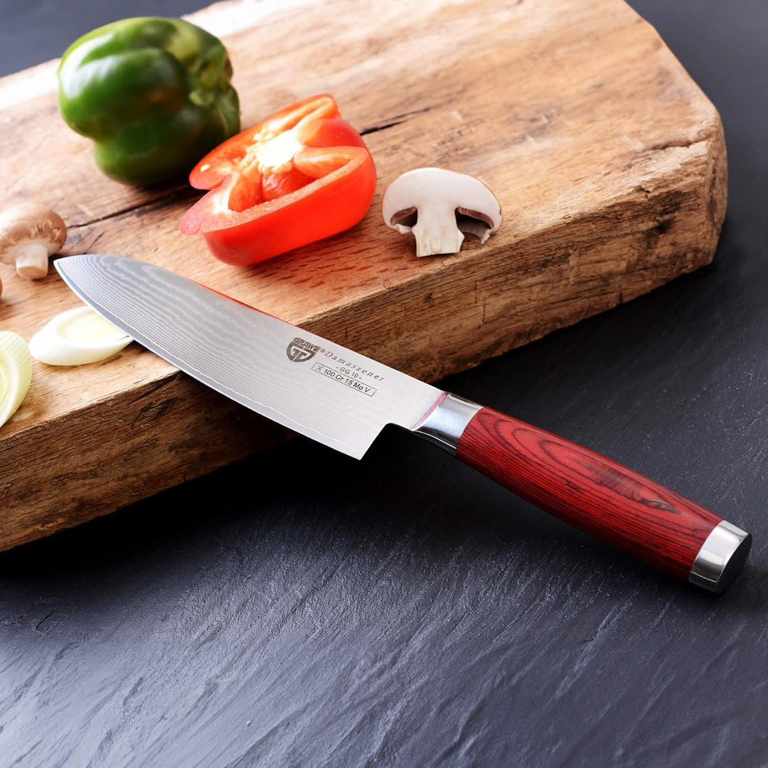 GRÄWE Damastmesser aus Damaststahl, gross, 17,5 cm Klinge, scharf, Damaszener Santokumesser mit Holz