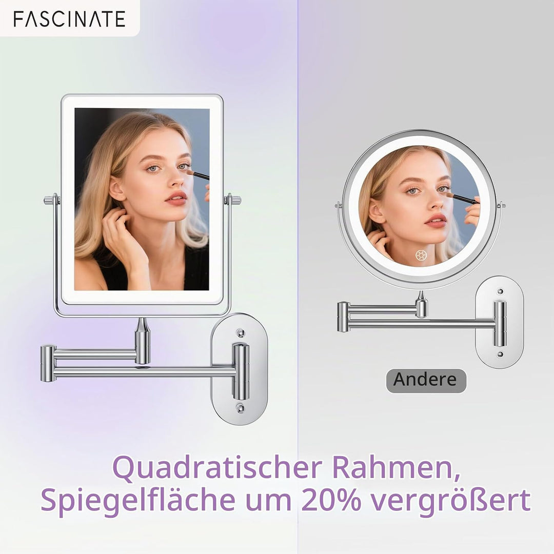 FASCINATE Wiederaufladbarer Kosmetikspiegel mit 1X/20X Vergrösserung, 3 dimmbare Lichtfarben, Touchs