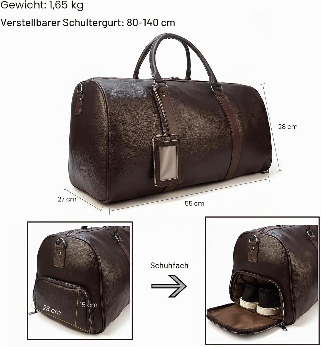 Luufan Unisex Leder Reisetasche Vintage Reisetasche (Brown-55cm)