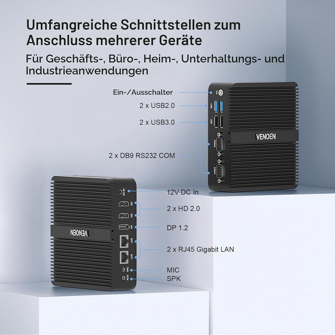 VENOEN N100 Mini PC Industrie, lüfterloser PC WIN11 pro, Dual LAN Industrial Desktop PC, Dual HD, DP