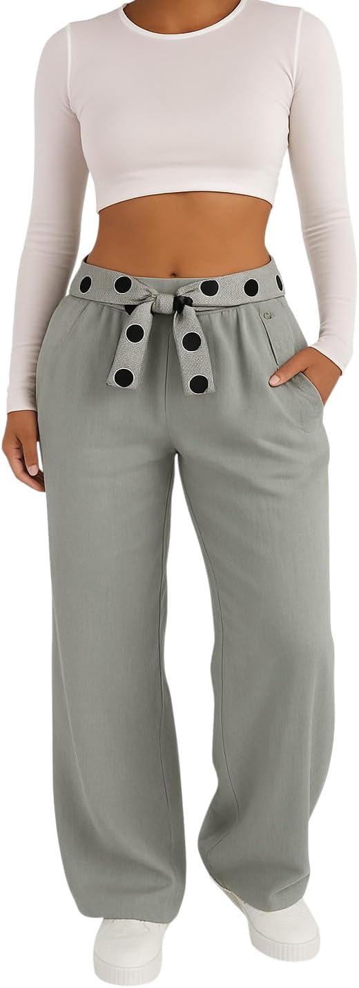 Damen Leinenhose Freizeithose 100% Leinen Hose Elegante Stoffhose, XL Grau