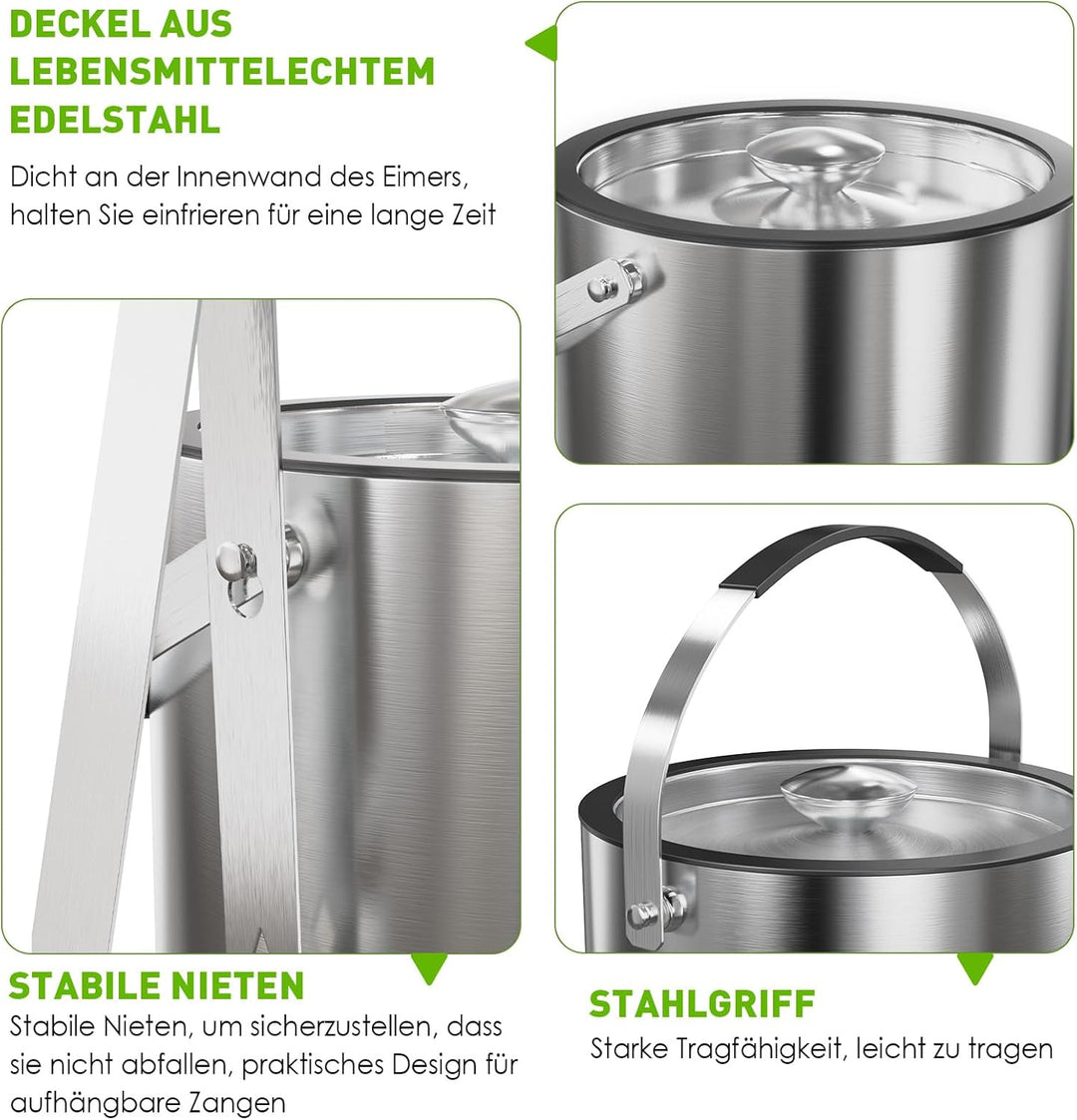 3,2 L Eiswürfelbehälter mit Deckel und Zange，Doppelwandig Isoliert Edelstahl Eiswürfelbehälter für W