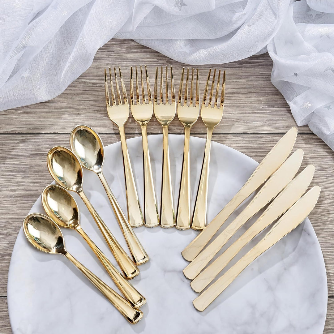 MATANA 720 Elegantes Wiederverwendbares Goldenes Besteck Set – 240 Messer, 240 Gabeln, 240 Löffel –
