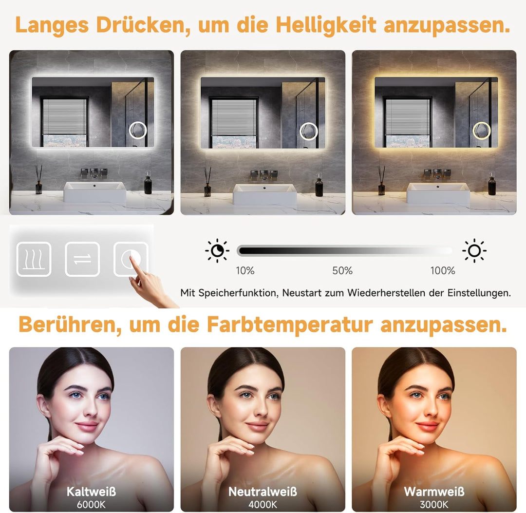 LED Badspiegel 120 x 70 cm Spiegel Bad mit Beleuchtung, 3 Farbe modi, Steckdose, 3X Lupe, Anti-Besch
