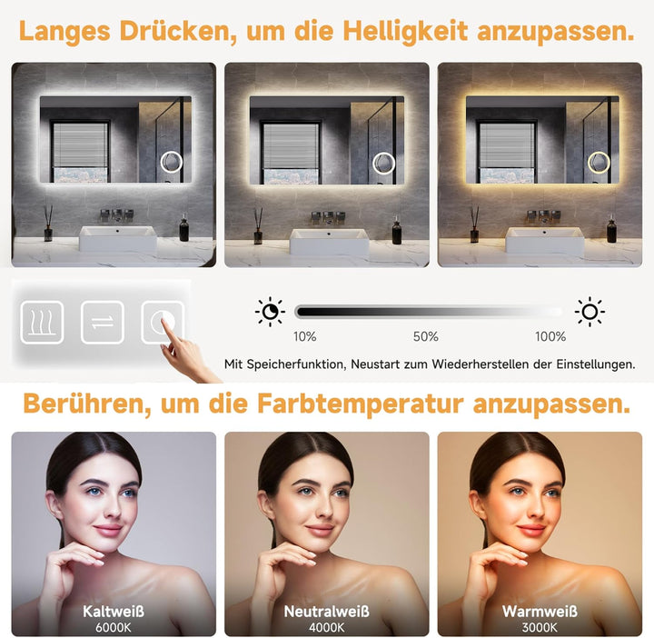 LED Badspiegel 100 x 60 cm Spiegel Bad mit Beleuchtung, 3 Farbe modi, Steckdose, 3X Lupe, Anti-Besch