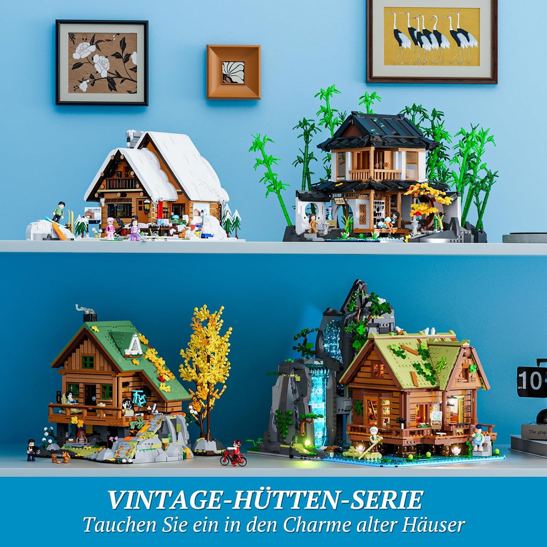 Lumibricks Waterfall Cabin Bauset mit Licht – 2539 Teile Retro Holzhaus mit beweglichem Wasserfall &