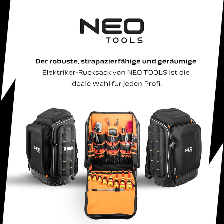 NEO TOOLS Elektriker Werkzeugrucksack 31-tlg. - mit Werkzeugen für einen Elektriker | 26 Taschen, Mo