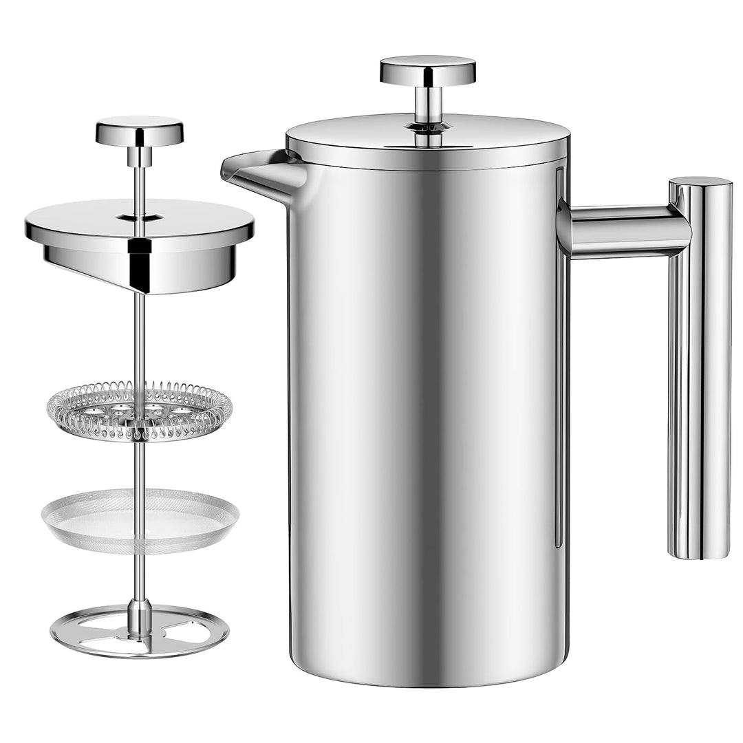 Kaffeebereiter 1000ml, French Press Edelstahl, Kaffeepresse 8 Tassen mit 3 Edelstahlfilter System, D