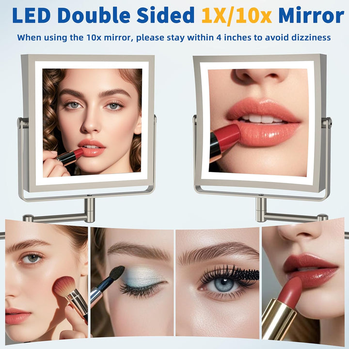 Ruacq Wiederaufladbarer Wand-Make-up-Spiegel mit Lichtern, doppelseitig, 1 x / 10-fache Vergrösserun