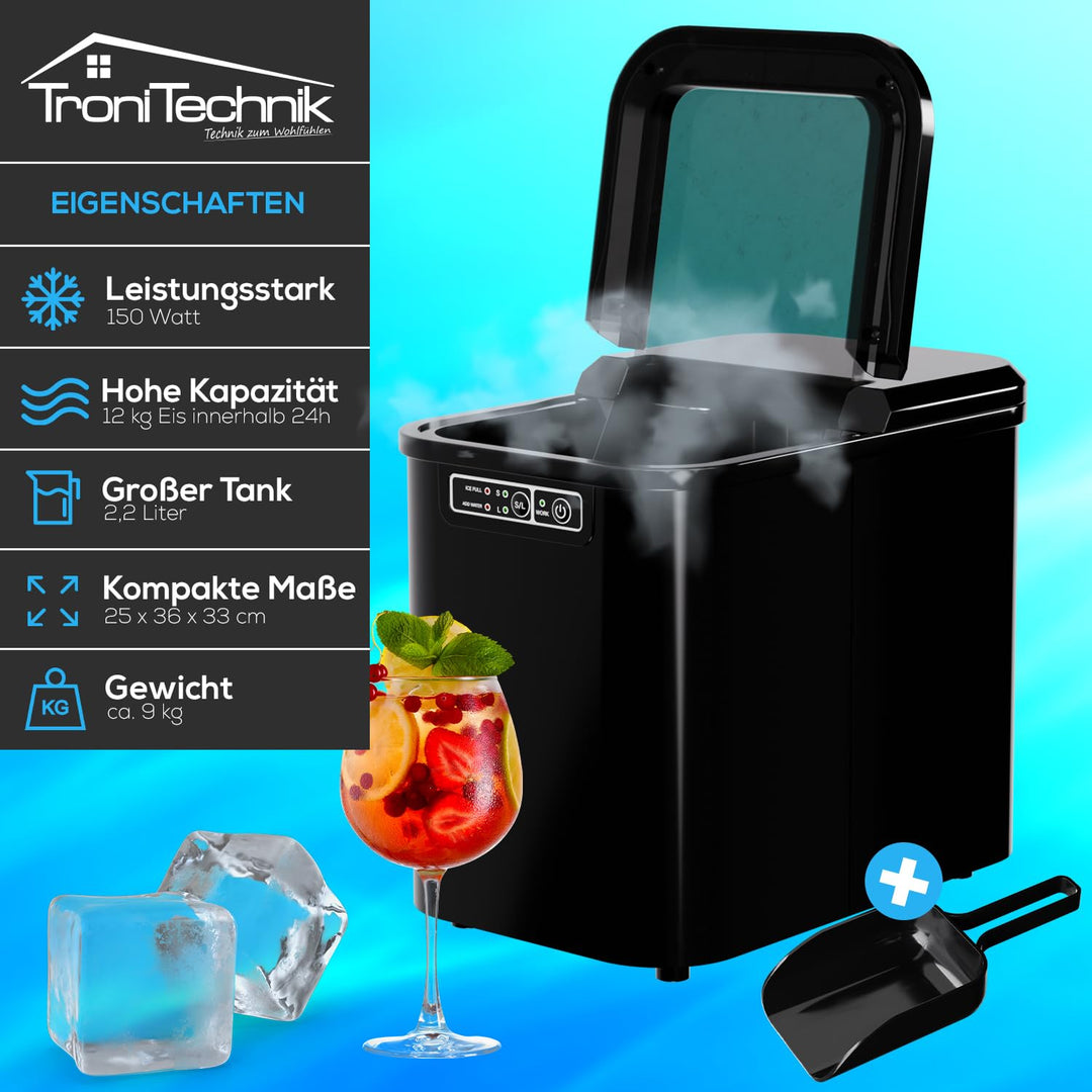 TroniTechnik® Eiswürfelmaschine Eiswürfelbereiter, Ice Maker, 12kg/24h, 2,2 Liter Wassertank, 2 Grös