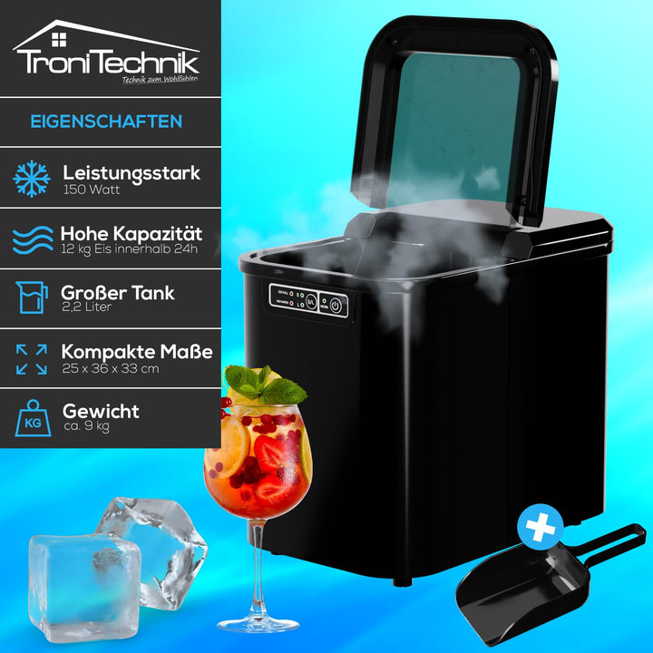 TroniTechnik® Eiswürfelmaschine Eiswürfelbereiter, Ice Maker, 12kg/24h, 2,2 Liter Wassertank, 2 Grös