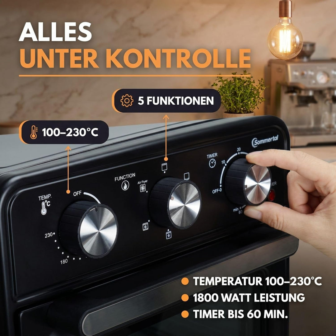 Sommertal Minibackofen 20 Liter mit Umluft & Heissluftfritteuse, Mini Backofen 1800W zum Backen, Gri