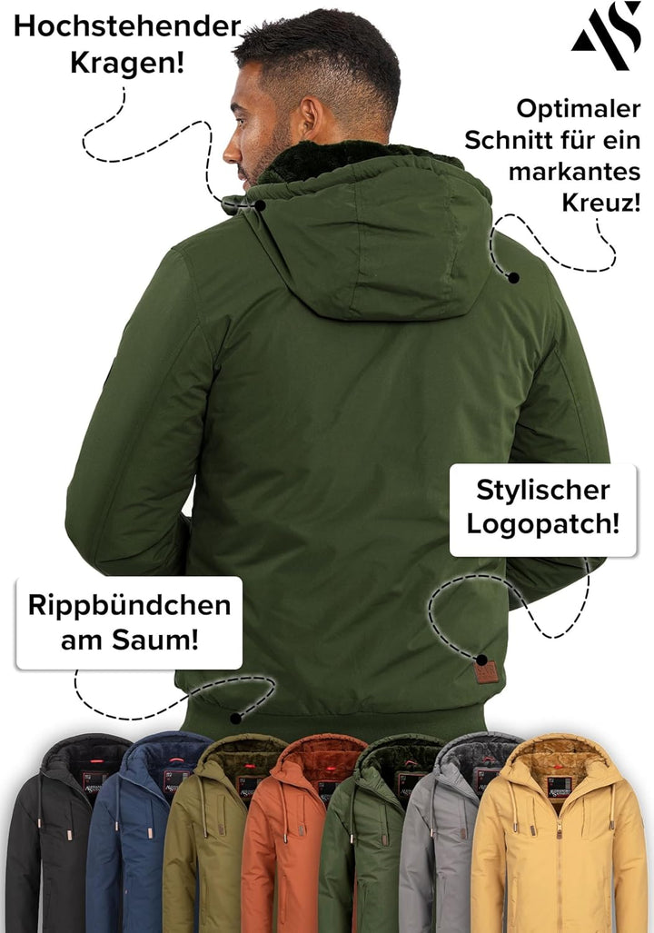 ALESSANDRO SALVARINI Herren Winterjacke (S-3XL) mit Kapuze - Teddyfleece innen komplett, Winddicht,