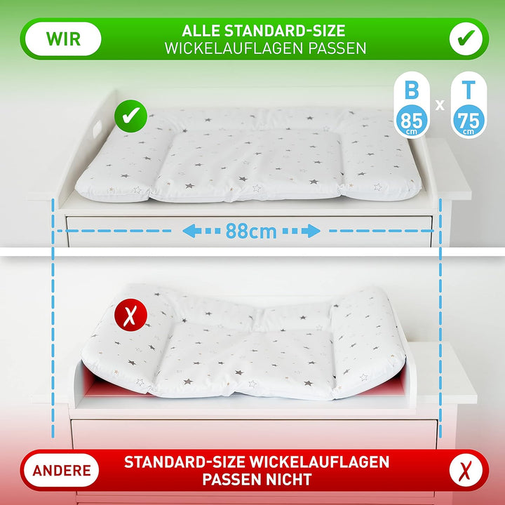 Wickelaufsatz Hemnes HappyBaby weiss [85x75x13cm] für IKEA Hemnes Kommode - INKL. 2-Stufen-Sicherhei