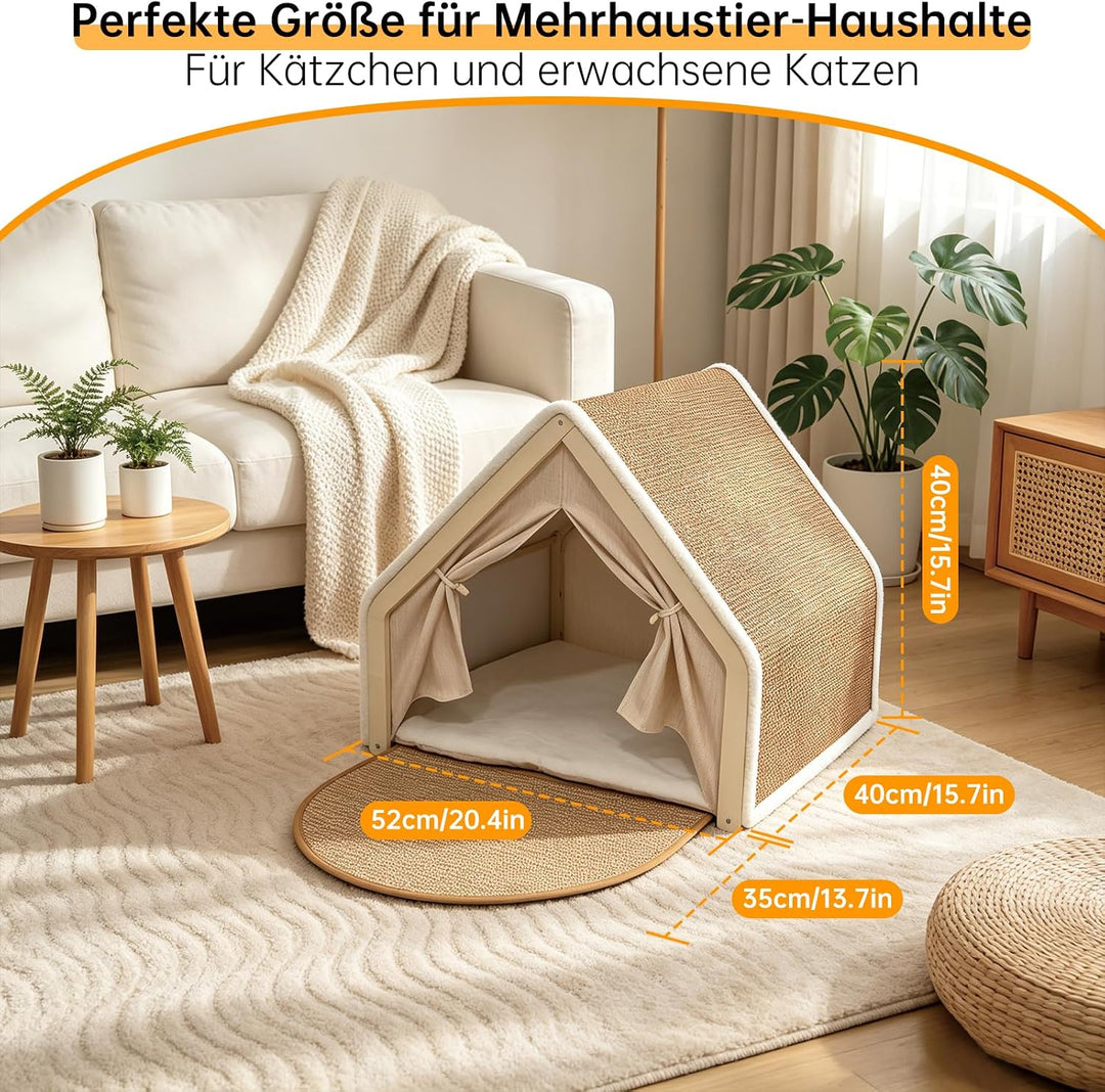 Sisal &amp; Holz Katzenhöhle Katzenhaus Indoor mit Oben Kratzbrett Katze(Beige) | Katzenbett, Abnehmbare