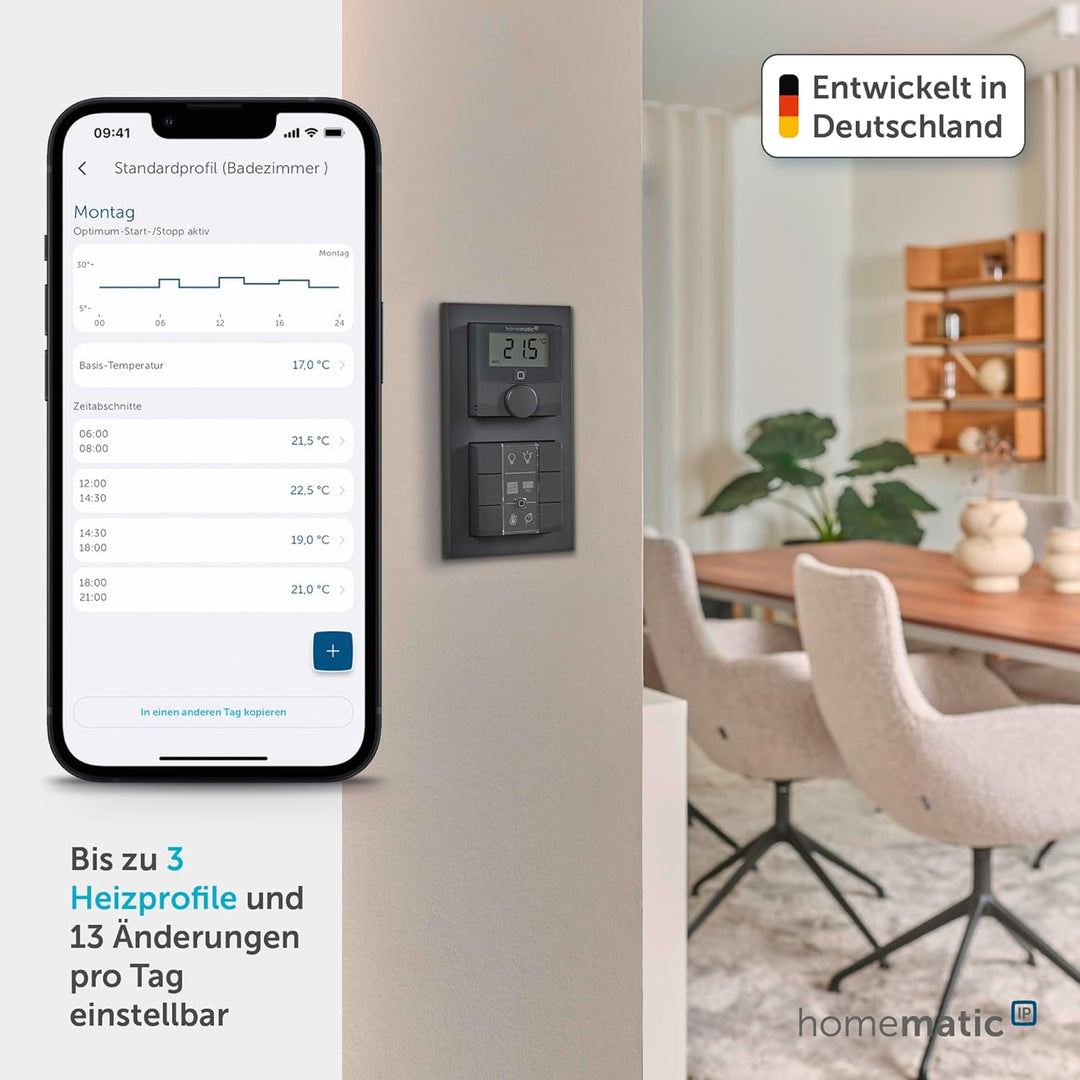 Homematic IP Smart Home Wandthermostat mit Luftfeuchtigkeitssensor, athrazit, digitales Thermostat H