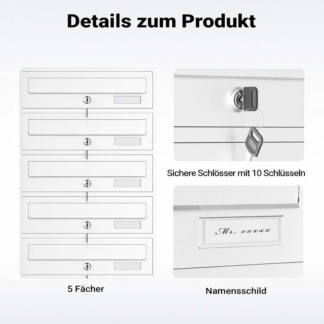 Wiltec 5er Briefkastenanlage weiss 270 x 513 x 1500 mm, Standbriefkasten mit 5 Fächern, Schlüssel un
