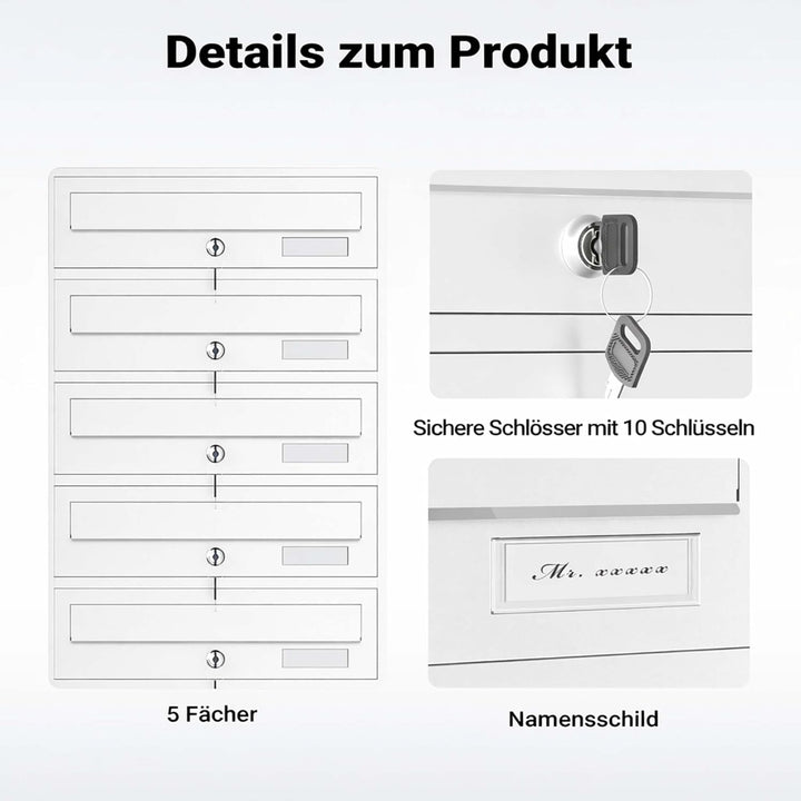 Wiltec 5er Briefkastenanlage weiss 270 x 513 x 1500 mm, Standbriefkasten mit 5 Fächern, Schlüssel un