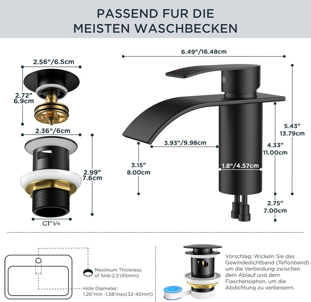 FORIOUS Wasserhahn Bad Schwarz mit Ablaufgarnitur, Edelstahl Wasserfall Waschbeckenarmatur mit Ausla