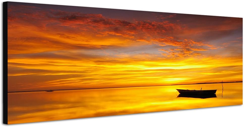 Paul Sinus Art Panoramabild auf Leinwand und Keilrahmen 150x50cm Meer Boot Sonnenuntergang Wolken Re