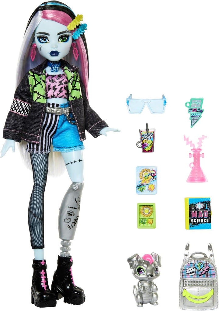 Monster High Frankie Stein-Puppe in Jeansjacke und Shorts, zum Lieferumfang gehören auch ihr Hund Wa
