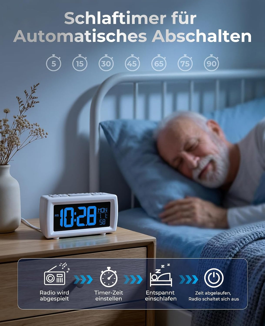 Digitaler Radiowecker, Wecker Radio mit 7-farbige Ziffernanzeige, Einstellbarer Helligkeit und Weckt