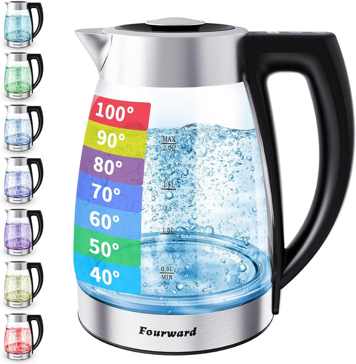Fourward Wasserkocher – 2.0L 2200Wall Glas Kettle mit Temperaturwahl, BPA frei, Digitale Temperatura