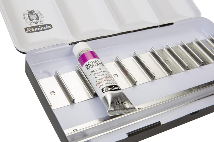 Schmincke – HORADAM AQUARELL Leerkasten für 10 x 15 ml Tuben, 74 910 097, schwarzer Metallkasten mit