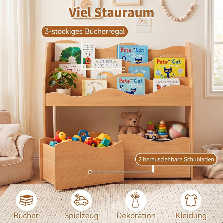 COSTWAY Kinderregal mit 2 Boxen auf Rollen (Natur) | Bücherregal Kinder mit 3 wellenförmigen Ebenen,