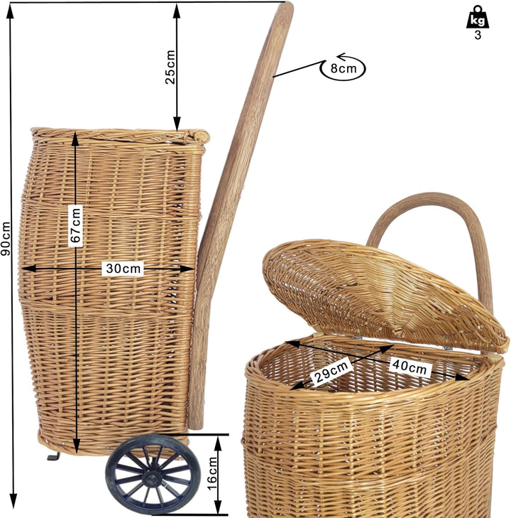WEECO Einkaufstrolley mit Deckel, Transportkorb mit Rollen, Marktwagen, Holzkorb, Einkaufswagen aus