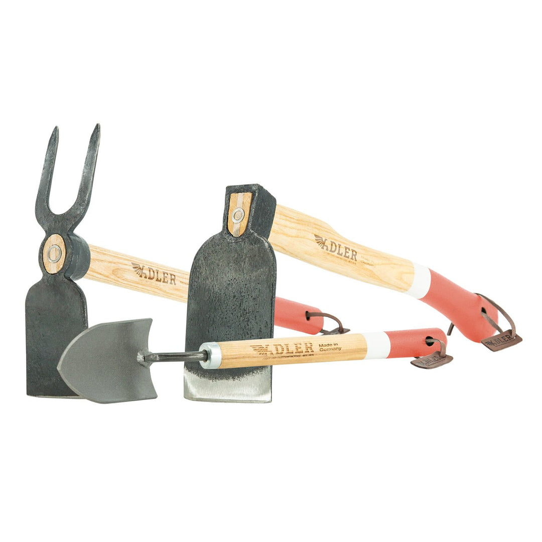 ADLER Garten-Set 3-TLG. – Geschmiedete Hacke, Kleinhacke Ivy & Pflanzkelle Holly – 45 cm Eschenholz-