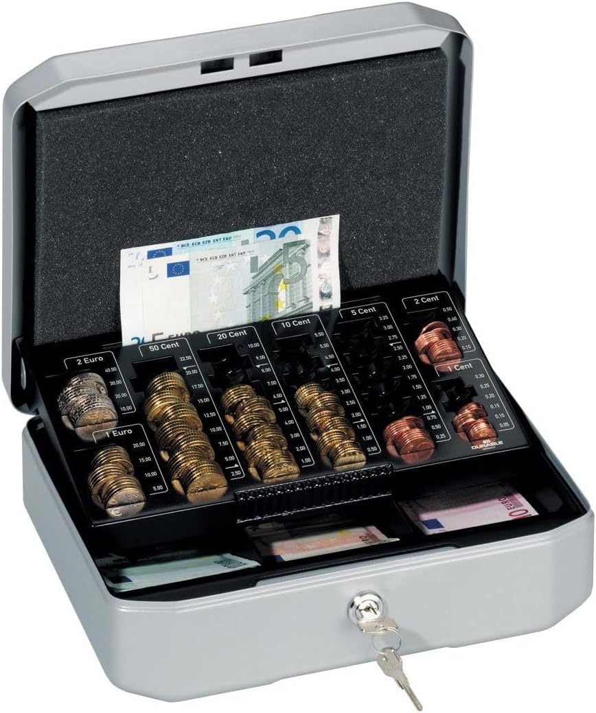 Durable Geldkassette Euroboxx S, mit 2 Schlüsseln, inkl. Zählbrett und Geldscheinfächern, silbergrau