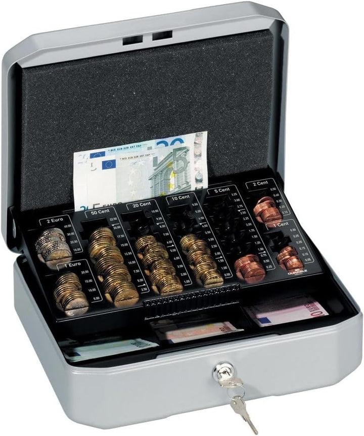 Durable Geldkassette Euroboxx S, mit 2 Schlüsseln, inkl. Zählbrett und Geldscheinfächern, silbergrau
