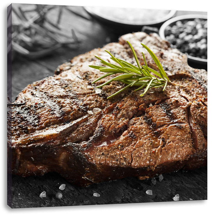 Pixxprint Gebratenes Steak mit Rosmarin als Leinwandbild/Grösse: 70x70 cm/Wandbild/Kunstdruck/fertig