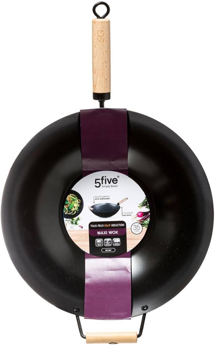 WOK ACERO 35CM CON MANGO DE MADERA