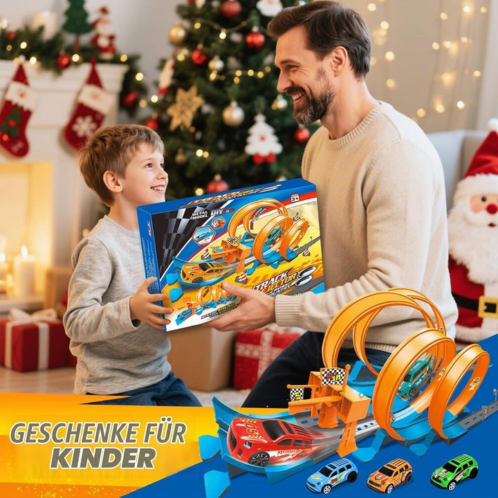 Ulikey Autorennbahn Kinder, Spielzeugauto Trackset mit Licht und Sound, Auto Rennbahn Spielzeug mit