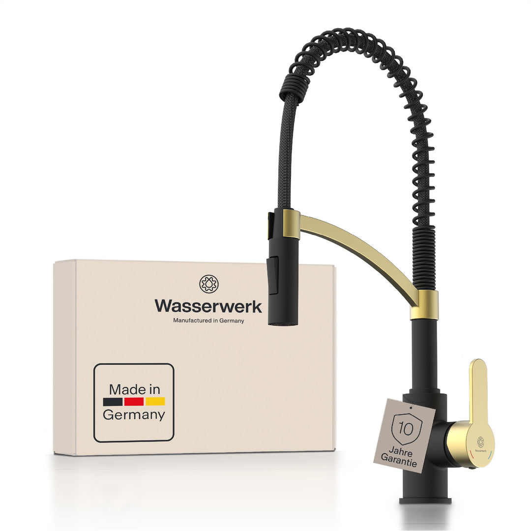 WK3 Küchenarmatur - Design-Wasserhahn Küche - Gold/Schwarz Matt - Herunterziehbare Brause - Armatur