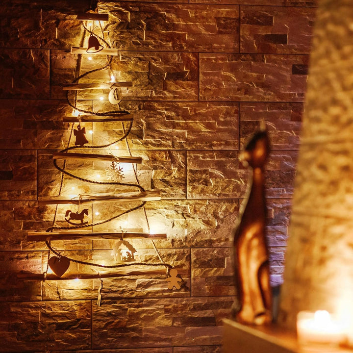 BOGATECO Handgemacht Weihnachtsbaum 95 cm hoch, aus Haselnussholz | Deko Anhänger | mit 200 cm LED-L