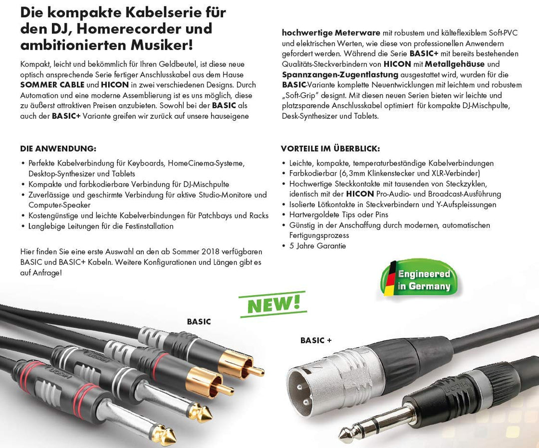 Sommer Cable Basic HBA-62C2 / 2 x 6,3mm Klinke mono Hicon - 2 x RCA/Cinch Hicon (0,3m) 0.30 m, 0.30