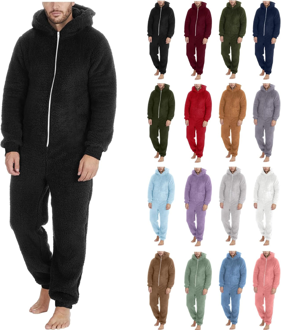 Jumpsuit Herren Teddy Fleece Schlafanzug Einteiler Onesie Winter Fluffy Pyjama Kuschelig Overall mit