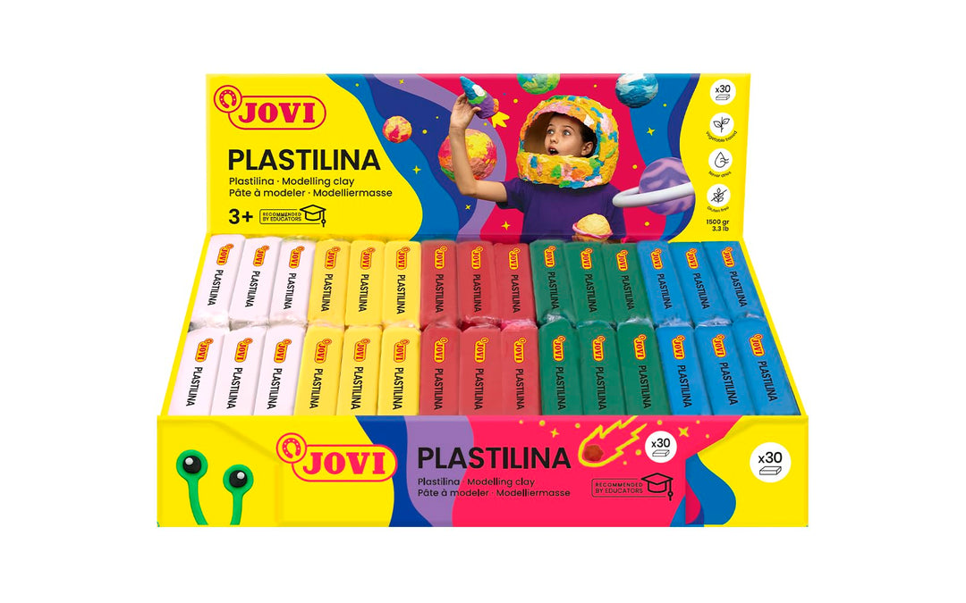 Jovi Plastilin, leicht formbare Modelliermasse für Kinder ab 2 Jahren, 30 Stangen je 50g, Grundfarbe
