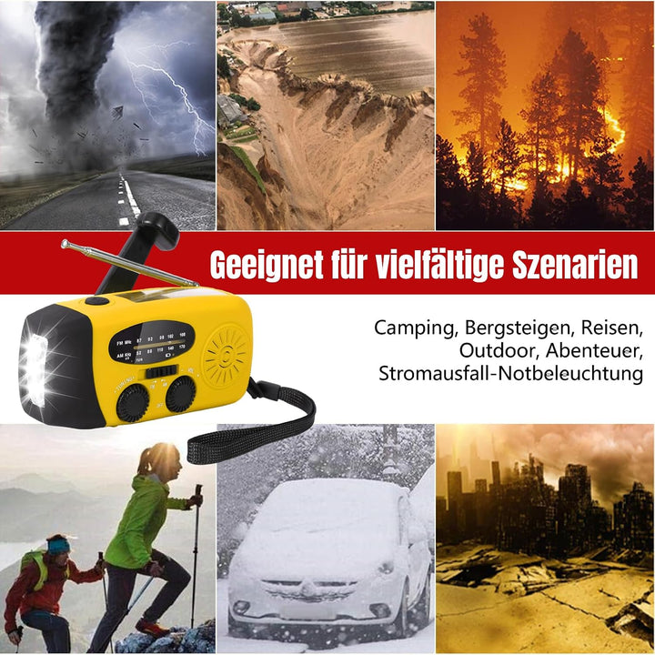 Kurbelradio,Notfallradio mit Kurbel und Solar,AM/FM/WB-Empfang,USB-Ladefunktion,LED-Beleuchtung,IP3X