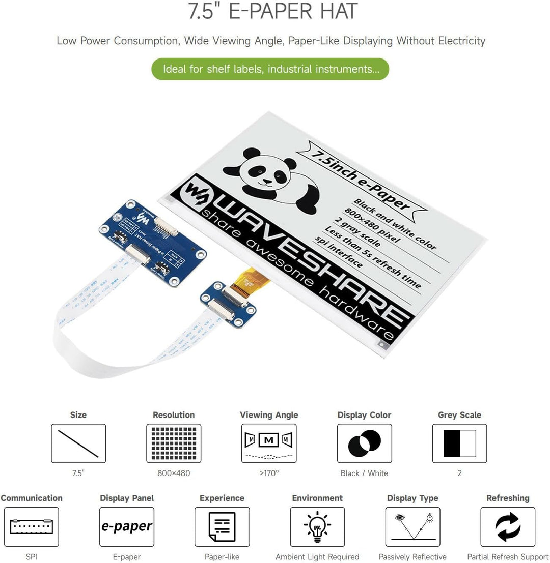 Waveshare 7.5 Inch E-Paper Display Hat Module V2 Kit 800x480 Resolution 3.3v/5v E-Ink Electronic Scr